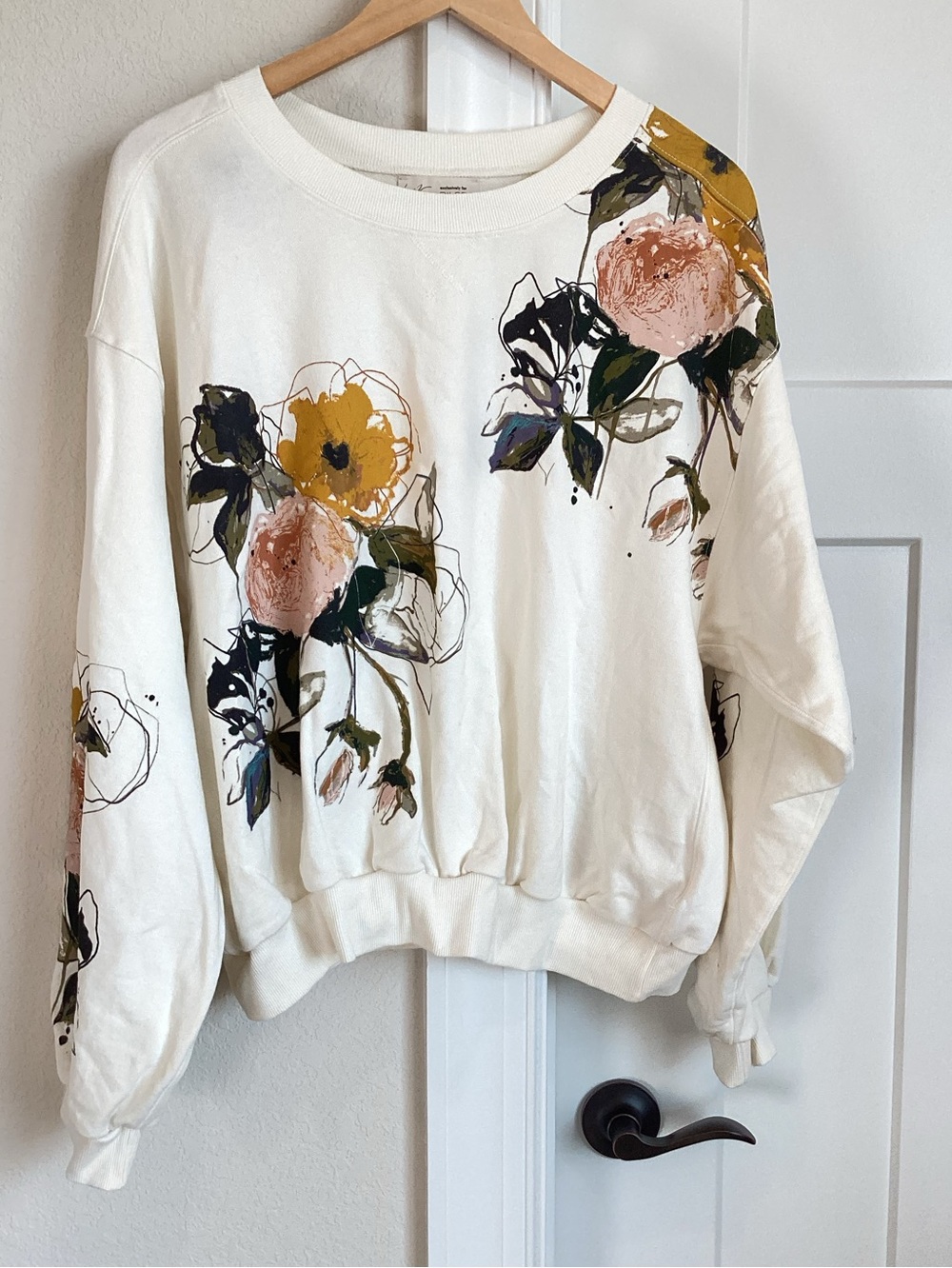 Anthropologie Long Sleeve Sweatshirt Niki Bubble New Large Ivory Floral - Picture 4 of 13